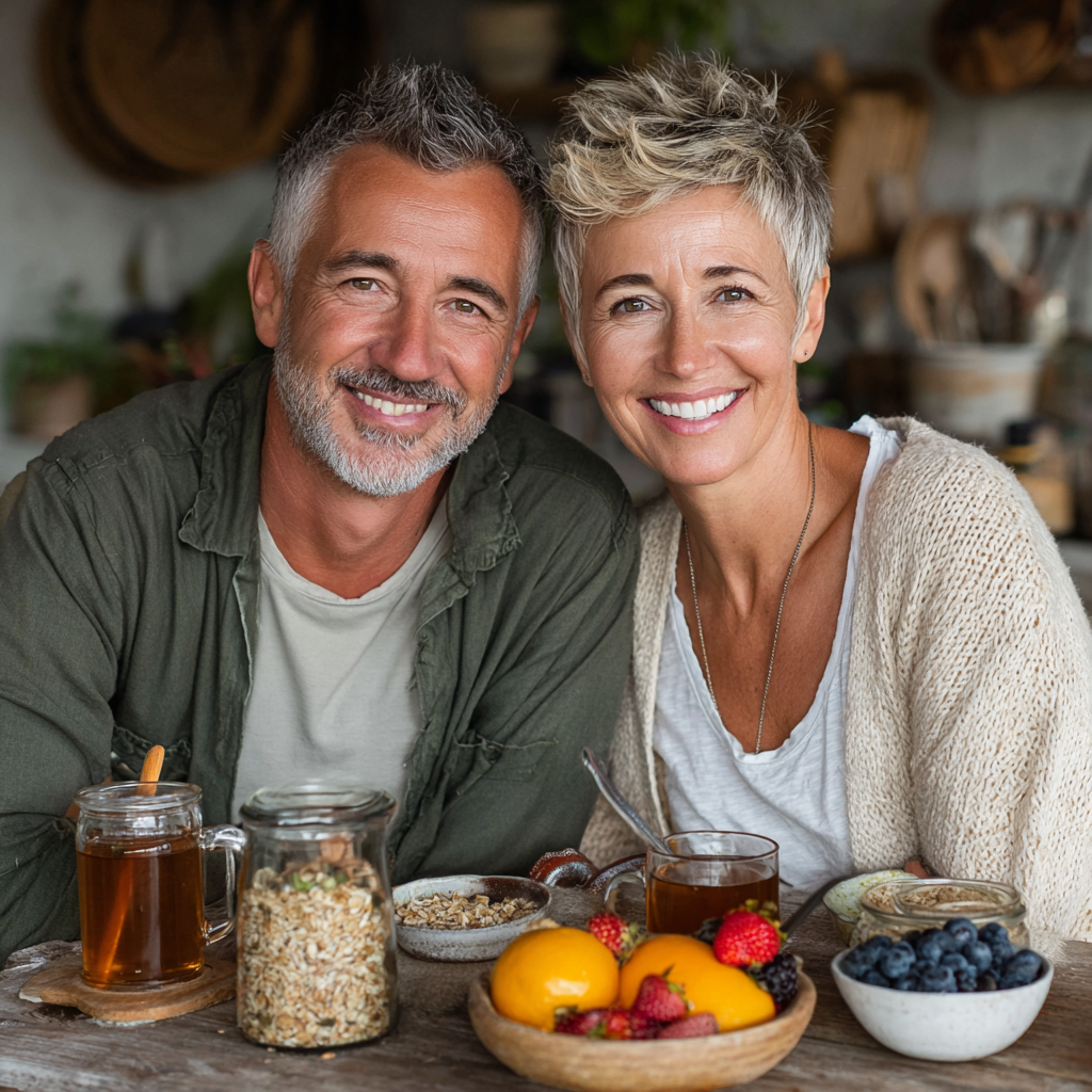 Mature couple in their 50s sitting at a wooden dining table enjoying a healthy breakfast together, both smiling and wearing casual morning clothes, with fresh fruit, whole grain cereals and herbal tea visible on the table